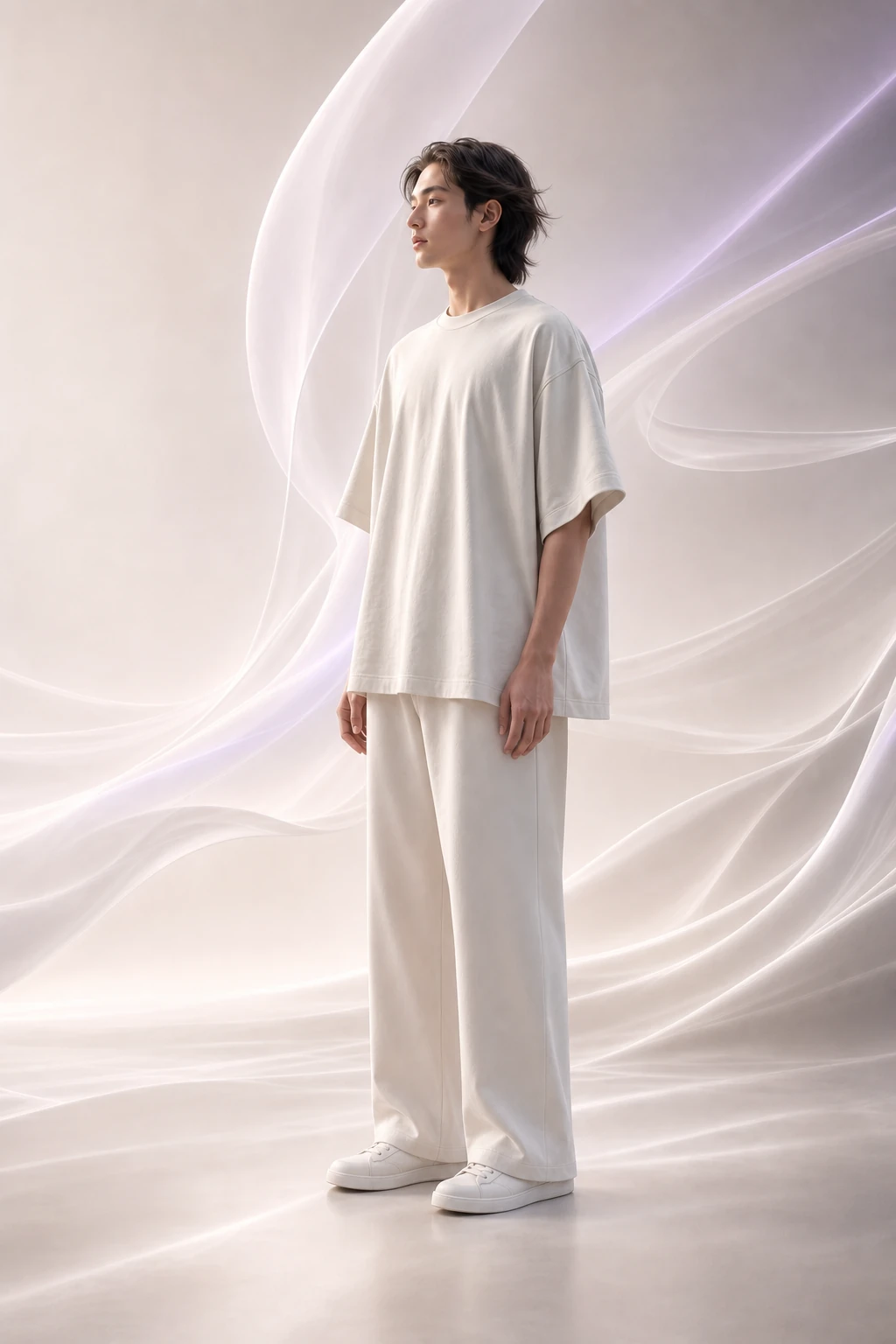 Concept model showing the relaxed fit and length of the Flow Tee