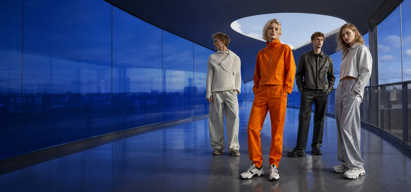 Young adult Scandinavian models inside a cobalt glass Copenhagen passage
