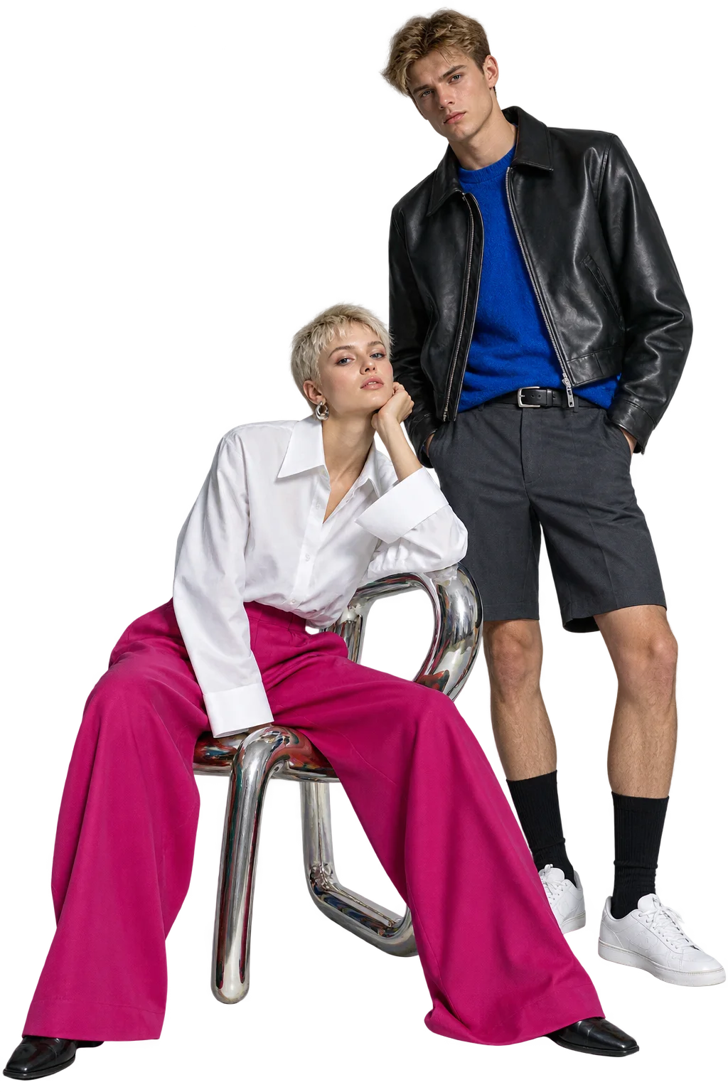 Two young adult Scandinavian LOTÉ models in magenta, cobalt and black